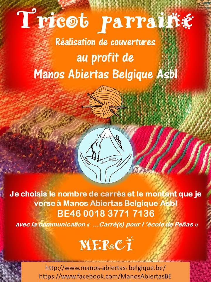 Affiche du tricot parrainé - activité organisée par Manos Abiertas Belgique